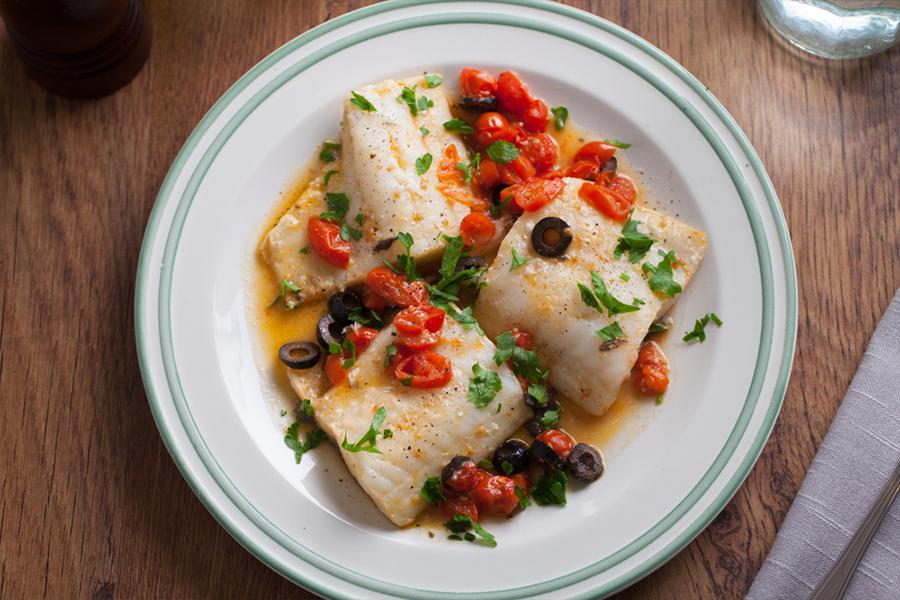 Bowl with Olive Oil Baked Cod with Tomatoes, Capers, and Lemon Salsa