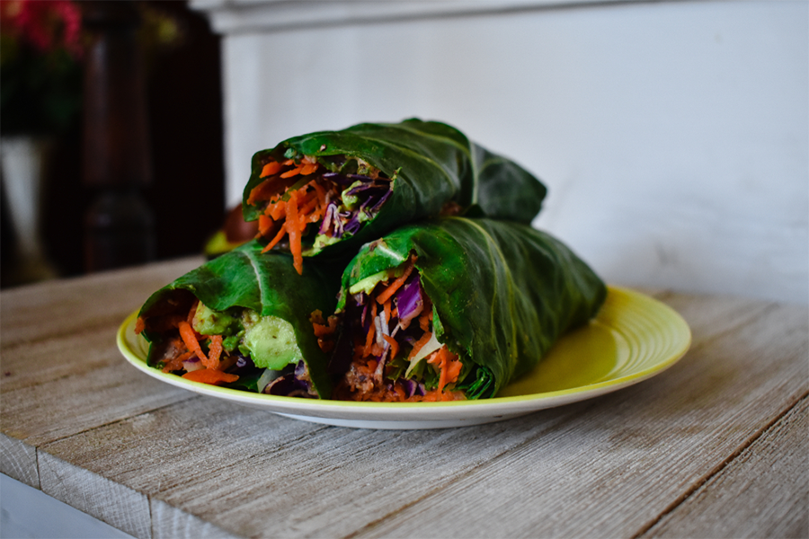 3 Green Leafy Vegetable wraps on a plate