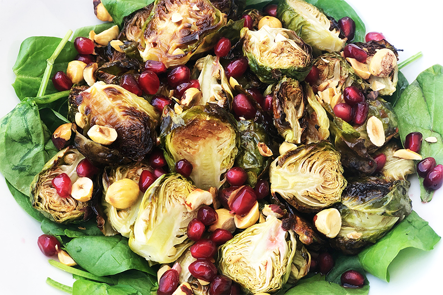 Roasted Brussels Sprouts with Hazelnuts and Pomegranate Seeds
