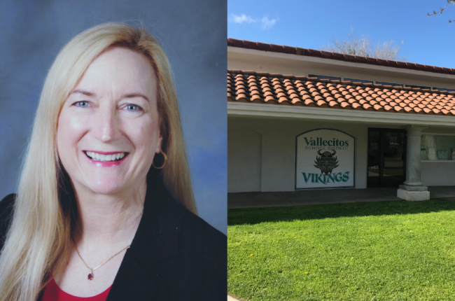 Headshot of Linda Miller next to image of Vallecitos School District building