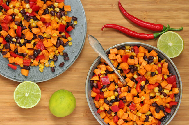 Bowl and plate of Black Bean, Sweet Potato and Corn Salad