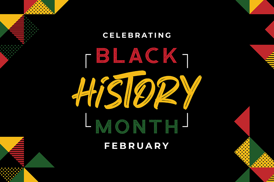 Black background with red, yellow, green geometric designs and "Celebrating Black History Month February"