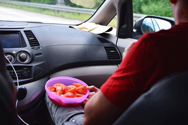 Backseat shot of passenger in car with tomatoes in a tupperware on his lap, healthy road trip snack concept