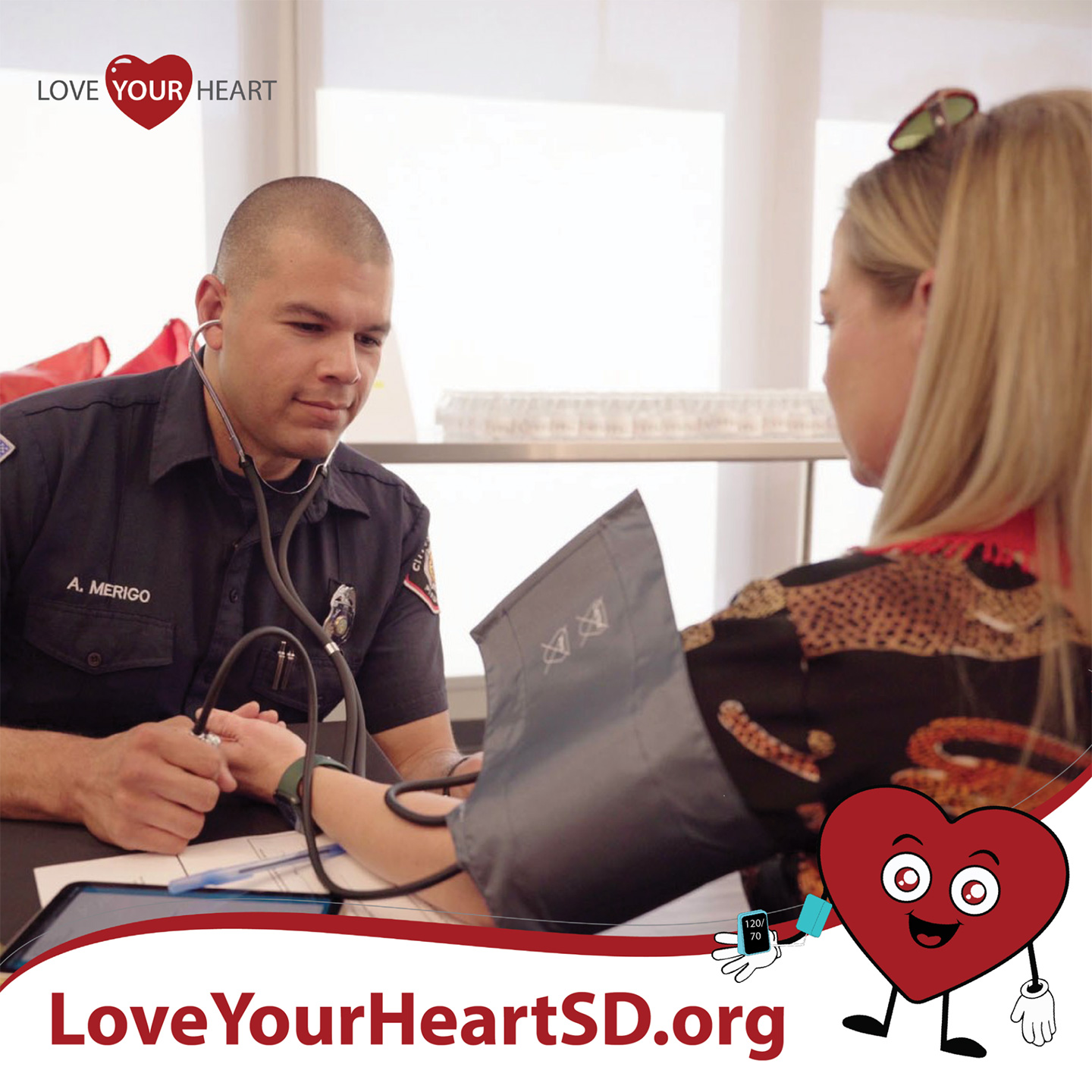 Love Your Heart and LoveYourHeardSD.org with female patient getting her blood pressure checked.