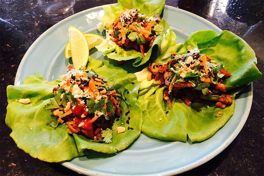 Three 5 Spice Tempeh Lettuce Wraps on a plate