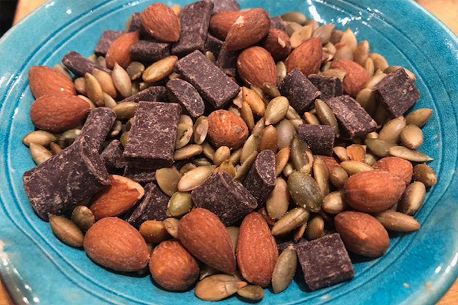 Trail mix with chocolate, almonds and pumpkin seeds