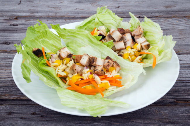 2 Chicken Lettuce Wraps with Lime Cabbage Slaw & Mango Salsa