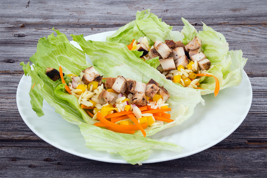 2 Chicken Lettuce Wraps with Lime Cabbage Slaw & Mango Salsa
