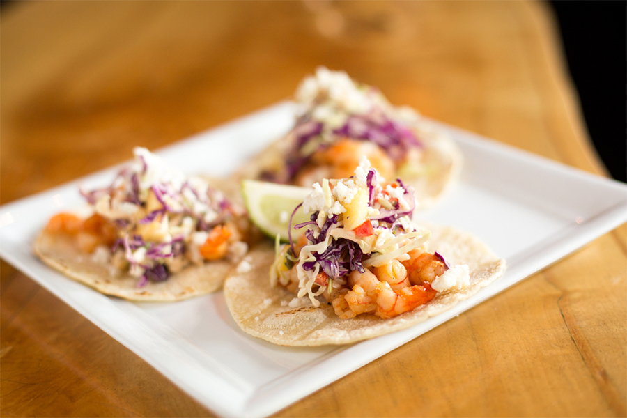 3 Shrimp Tacos with Cabbage Slaw & Mango Salsa