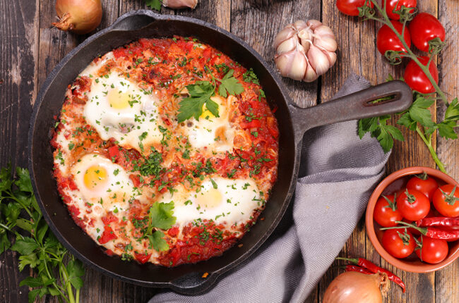 Cast iron skillet with tomatoes and eggs
