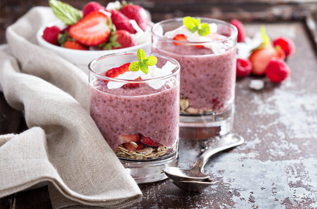 2 glass jars with strawberry chia pudding