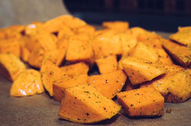 Close up of diced Roasted Sweet Potatoes