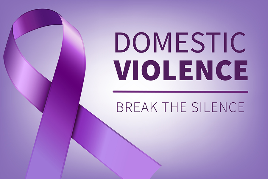 Purple ribbon with text saying Domestic Violence Break the Silence