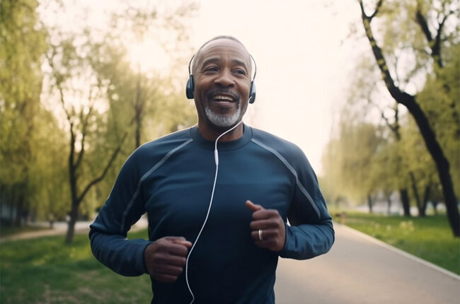 African American black man running on a jogging path wearing headphones listening to music while exercising.
